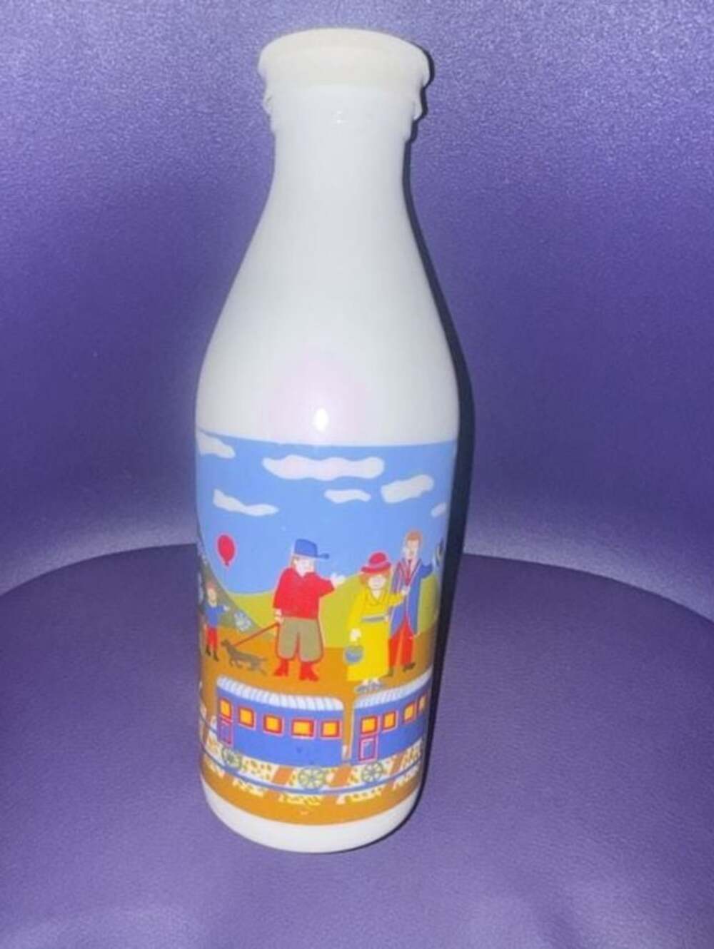 Vintage Egizia Italian Milk Glass Bottle with Stazione and Train Scene